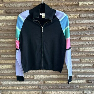 Doncaster Black Full Zip Cardigan Sweater With Rainbow Colored Striped Sleeves